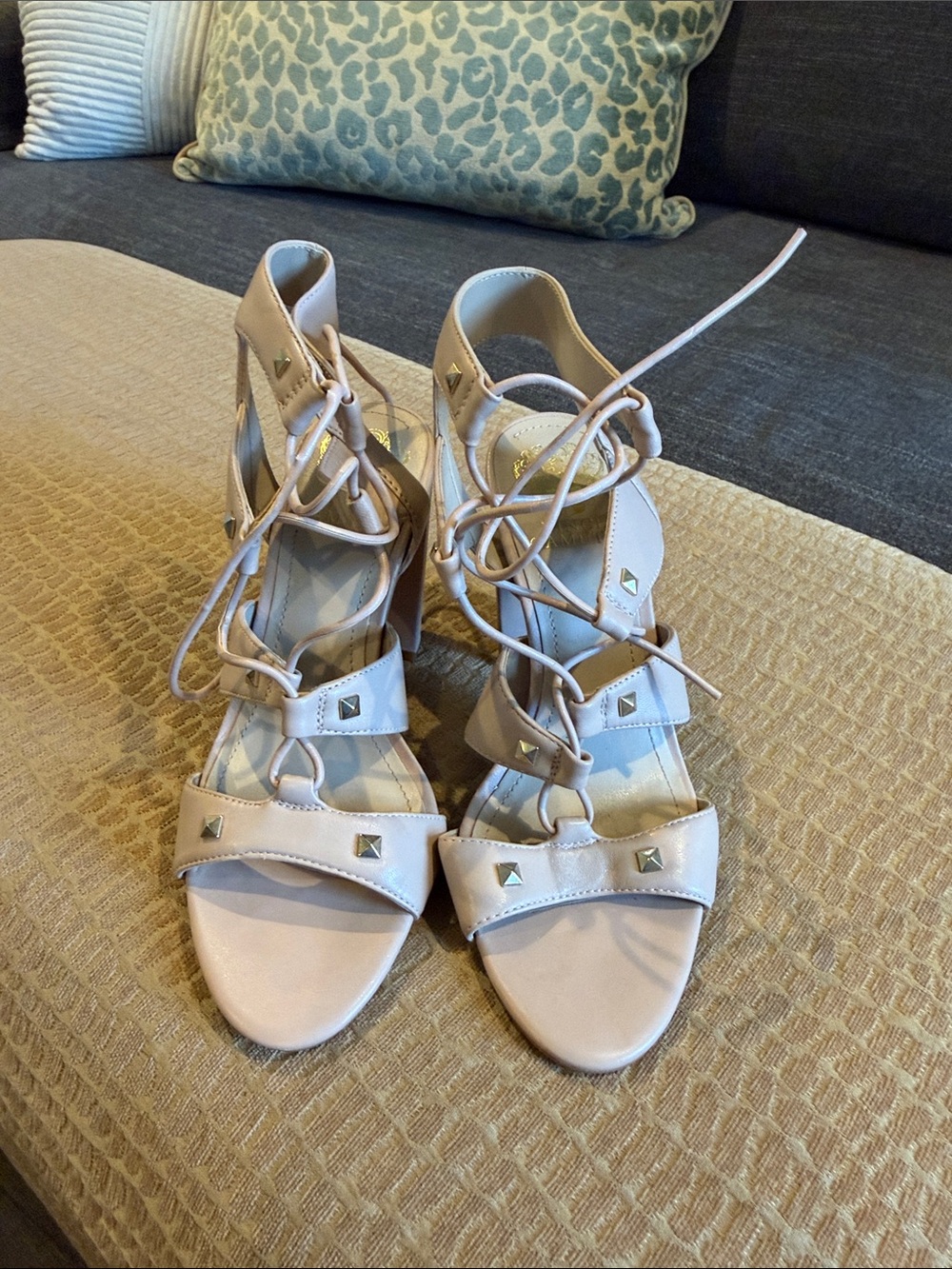 Vince Camuto Pale Pink Studded Lace-Up Block Heels